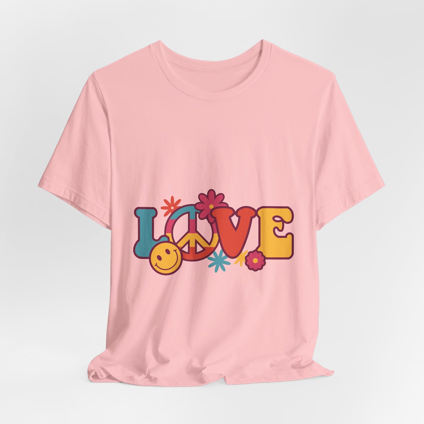 Love Retro Floral Tee — Peace Sign & Smiley Graphic T-Shirt