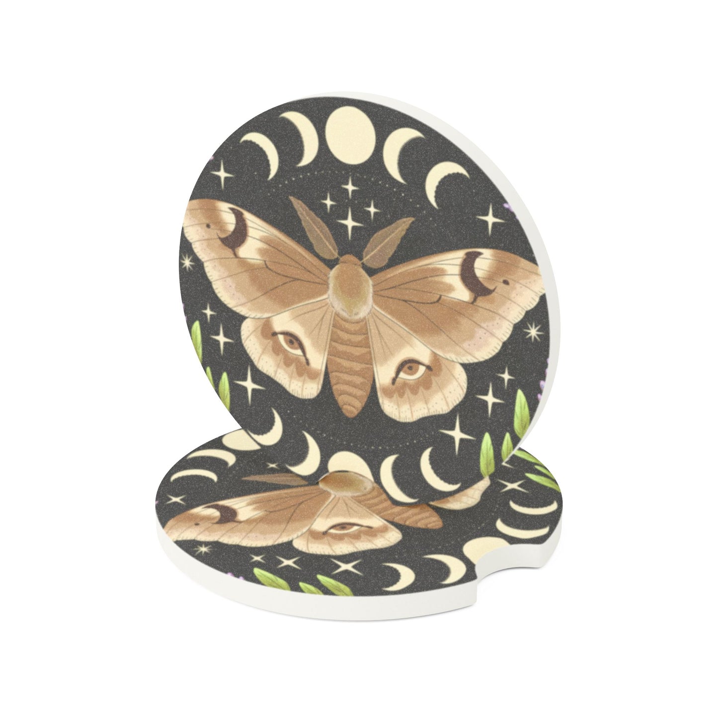 Moth Moon Car Coaster, Boho Car Accessories, Gift for Nature Lovers, Eco-Friendly Decor, Automotive Gifts for Her