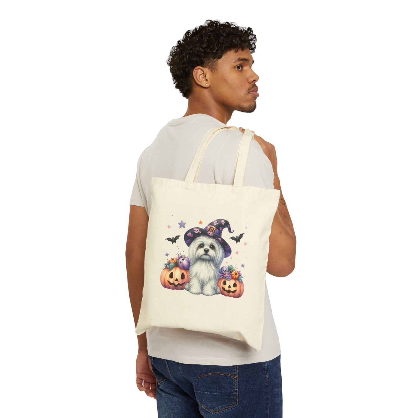 Halloween Dog Lover Cotton Canvas Tote Bag, Pet Accessory, Eco-Friendly Shopping Bag, Trick or Treat Tote, Fall Harvest Bag