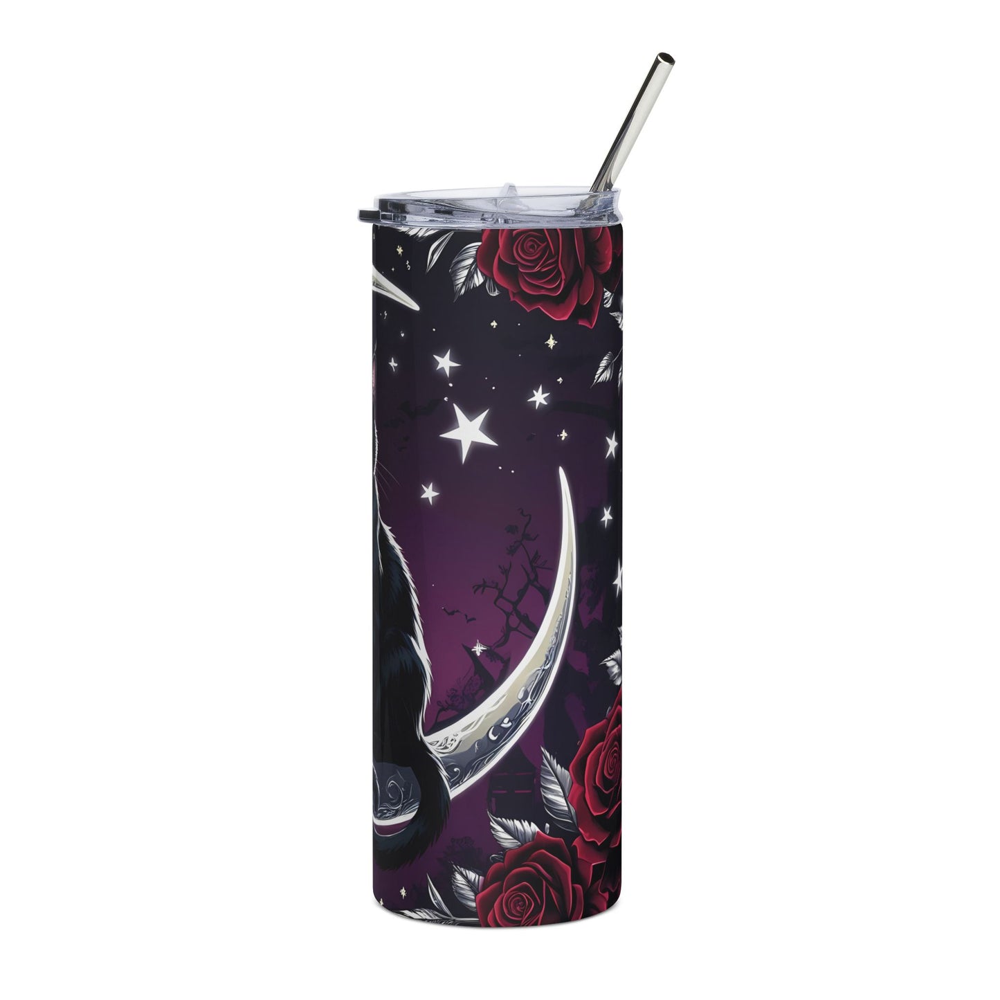 20oz Black Cat Moon Tumbler — Stainless Steel Travel Cup with Crescent Moon & Roses