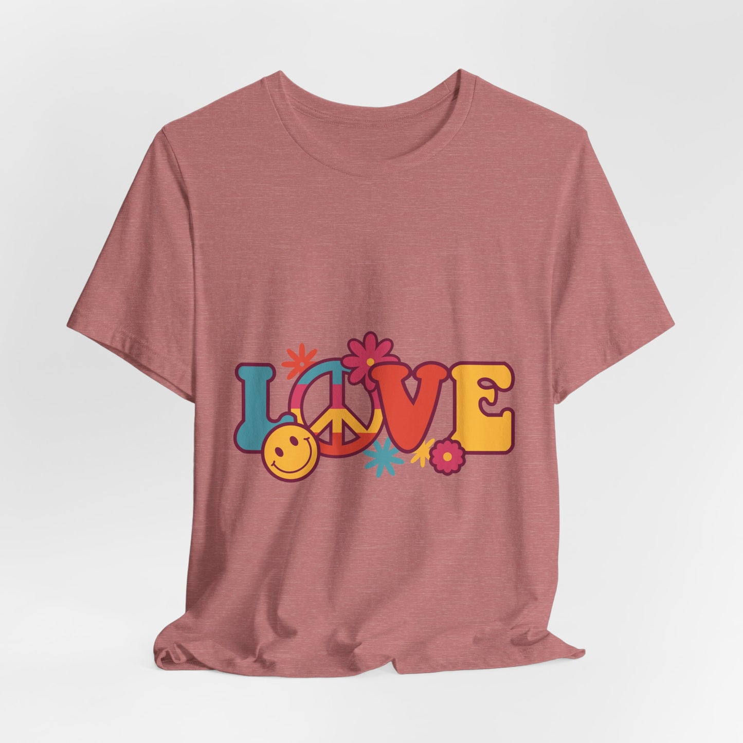 Love Retro Floral Tee — Peace Sign & Smiley Graphic T-Shirt