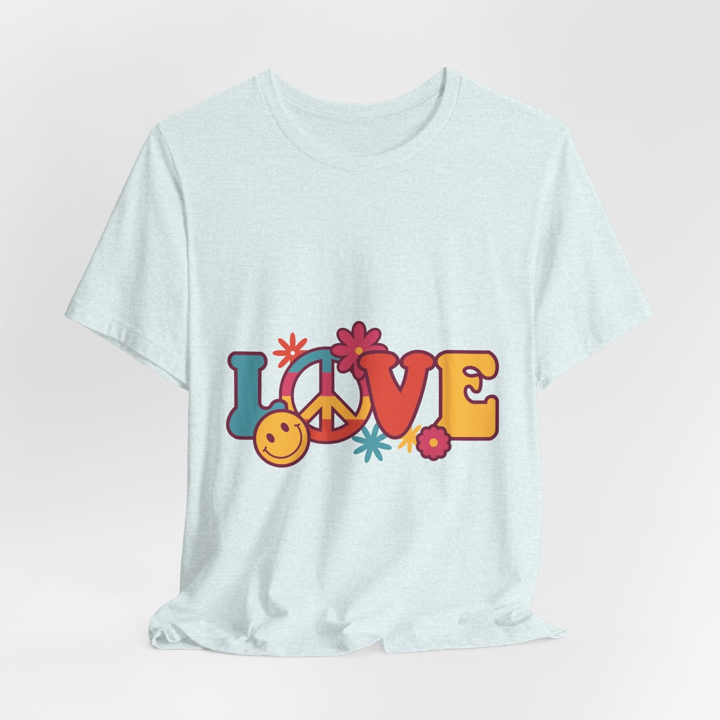 Love Retro Floral Tee — Peace Sign & Smiley Graphic T-Shirt
