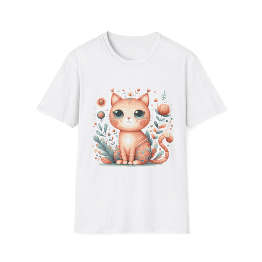 Cute Floral Kitten T-Shirt — Whimsical Cat Illustration Tee
