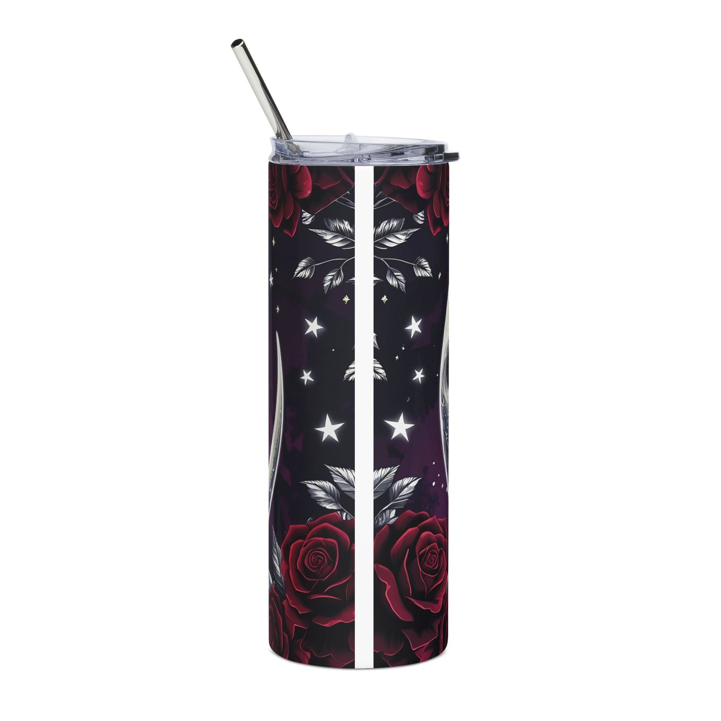 20oz Black Cat Moon Tumbler — Stainless Steel Travel Cup with Crescent Moon & Roses