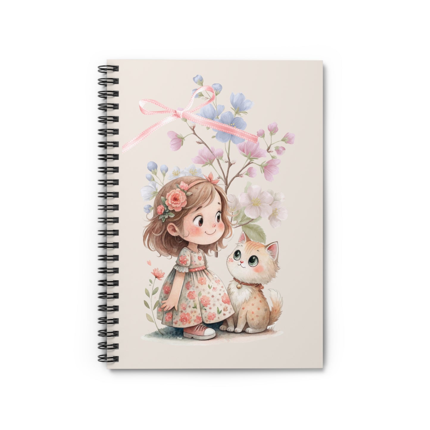 Cute Girl & Kitten Floral Spiral Notebook — Ruled Journal for Kids & Gift