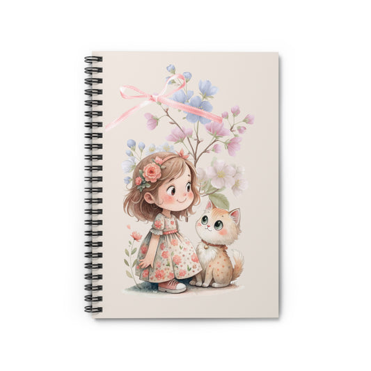 Cute Girl & Kitten Floral Spiral Notebook — Ruled Journal for Kids & Gift