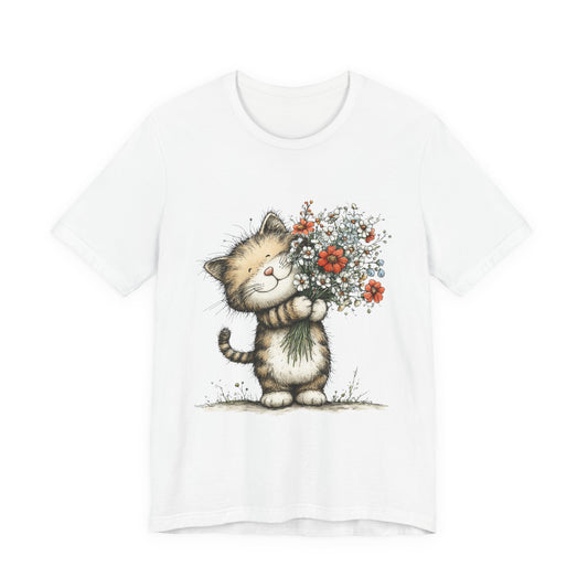 Cute Cat Holding Bouquet T-Shirt — Whimsical Floral Kitty Tee for Cat Lovers