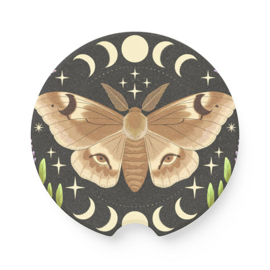 Moth Moon Car Coaster, Boho Car Accessories, Gift for Nature Lovers, Eco-Friendly Decor, Automotive Gifts for Her