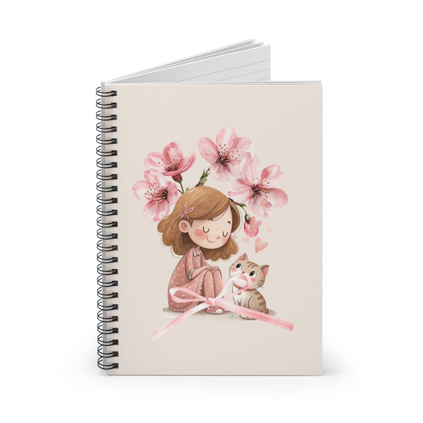 Cute Girl and Kitten Spiral Notebook — Floral Cherry Blossom Ruled Journal for Kids & Teens