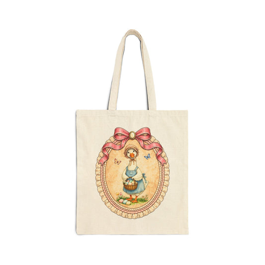 Vintage Easter Duck Tote Bag — Cotton Canvas Shopper with Ribbon Frame