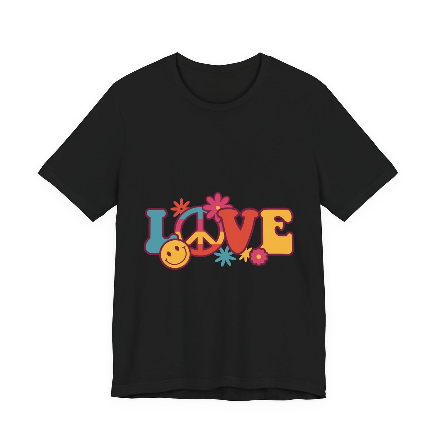 Love Retro Floral Tee — Peace Sign & Smiley Graphic T-Shirt