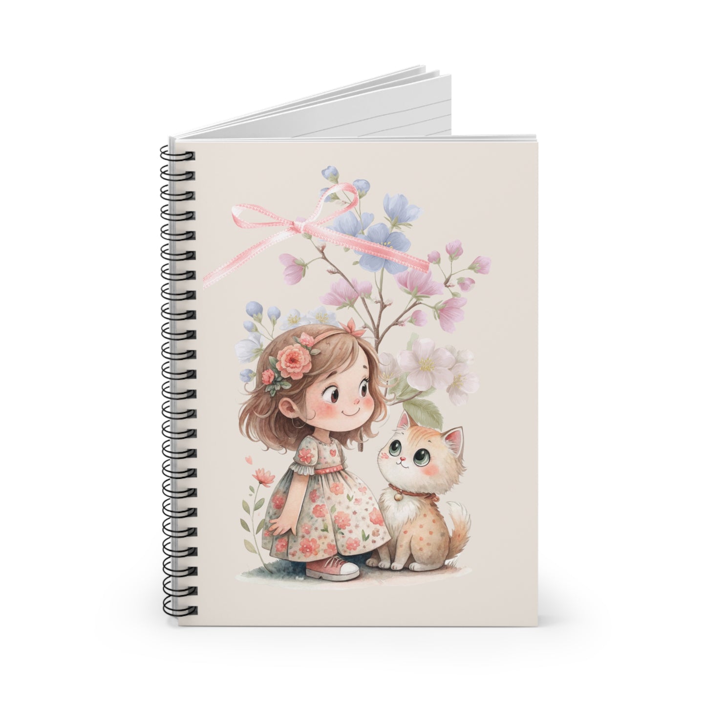 Cute Girl & Kitten Floral Spiral Notebook — Ruled Journal for Kids & Gift