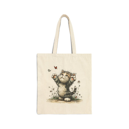 Canvas Tote Bag — Cute Stretching Kitten Illustration Grocery & Everyday Shopper
