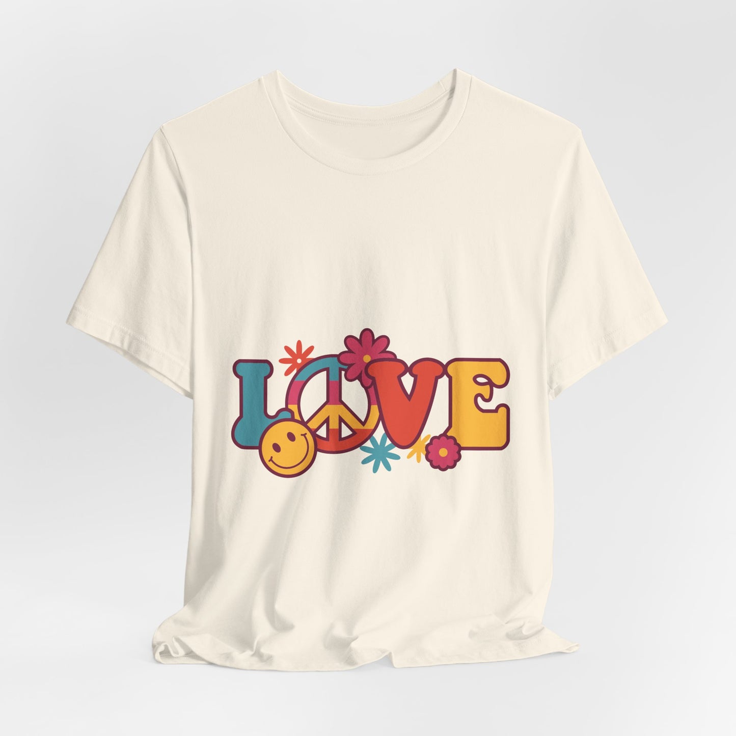 Love Retro Floral Tee — Peace Sign & Smiley Graphic T-Shirt