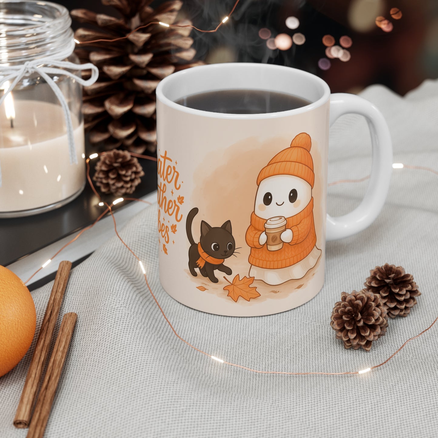 Sweater Weather Vibes 11oz Mug Cozy Knitting Ghost Holding Coffee Black Cats Yarn Coffee Lover Gift For Friend