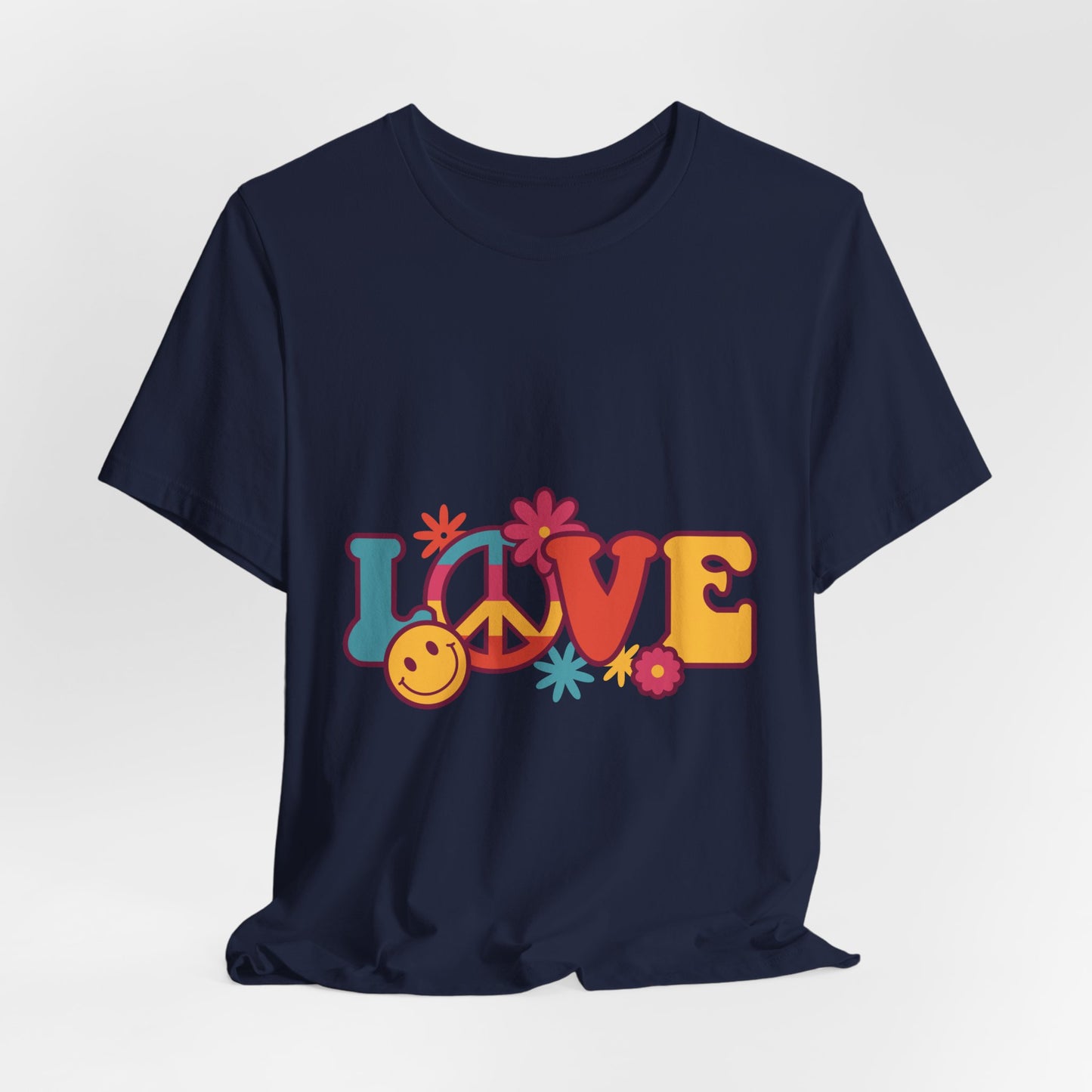 Love Retro Floral Tee — Peace Sign & Smiley Graphic T-Shirt