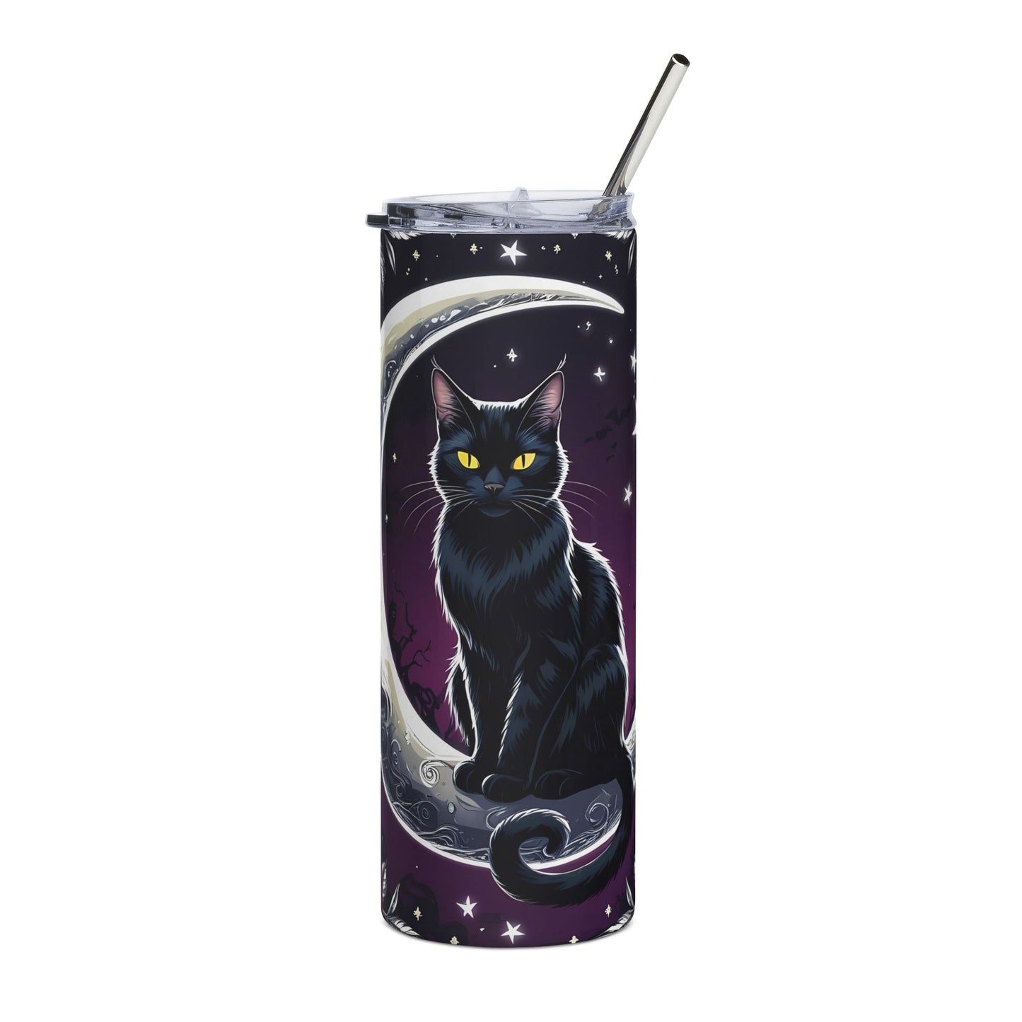 20oz Black Cat Moon Tumbler — Stainless Steel Travel Cup with Crescent Moon & Roses