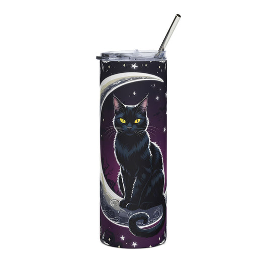 20oz Black Cat Moon Tumbler — Stainless Steel Travel Cup with Crescent Moon & Roses