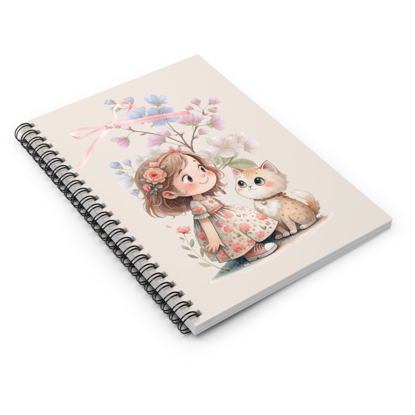 Cute Girl & Kitten Floral Spiral Notebook — Ruled Journal for Kids & Gift