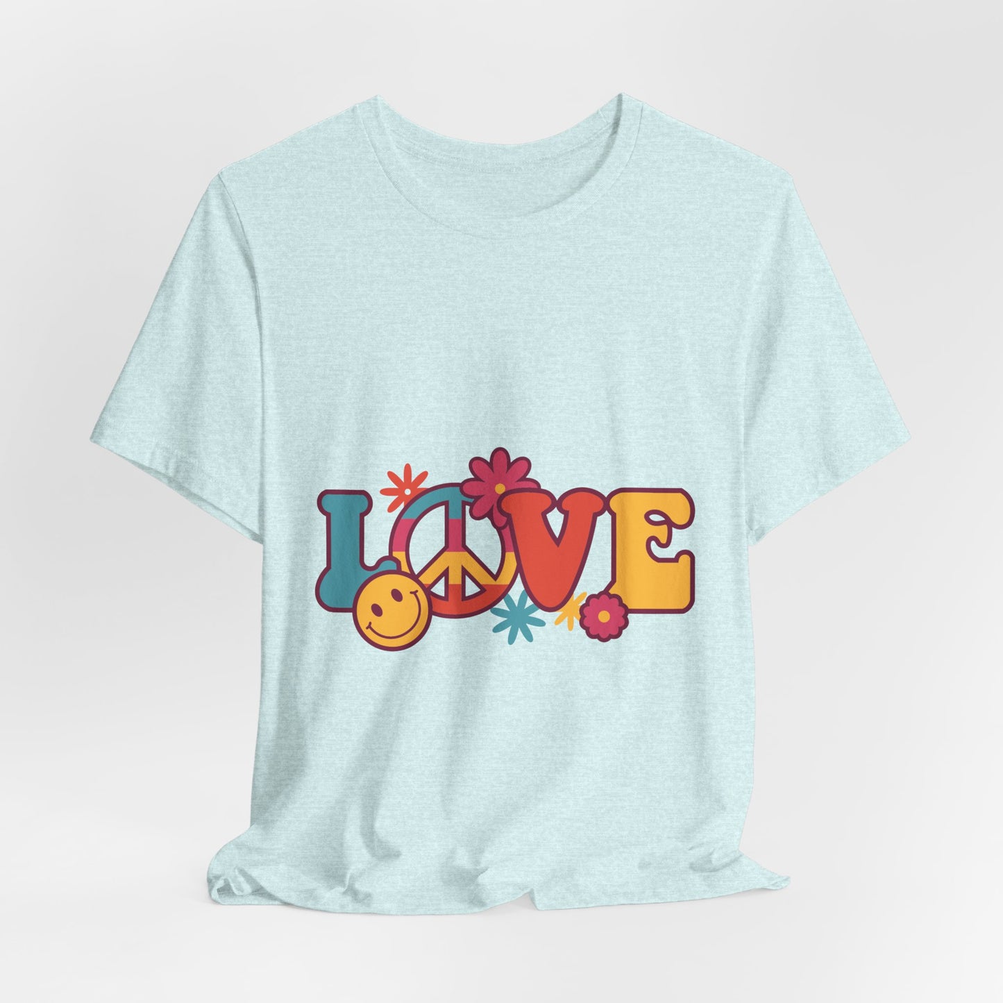 Love Retro Floral Tee — Peace Sign & Smiley Graphic T-Shirt
