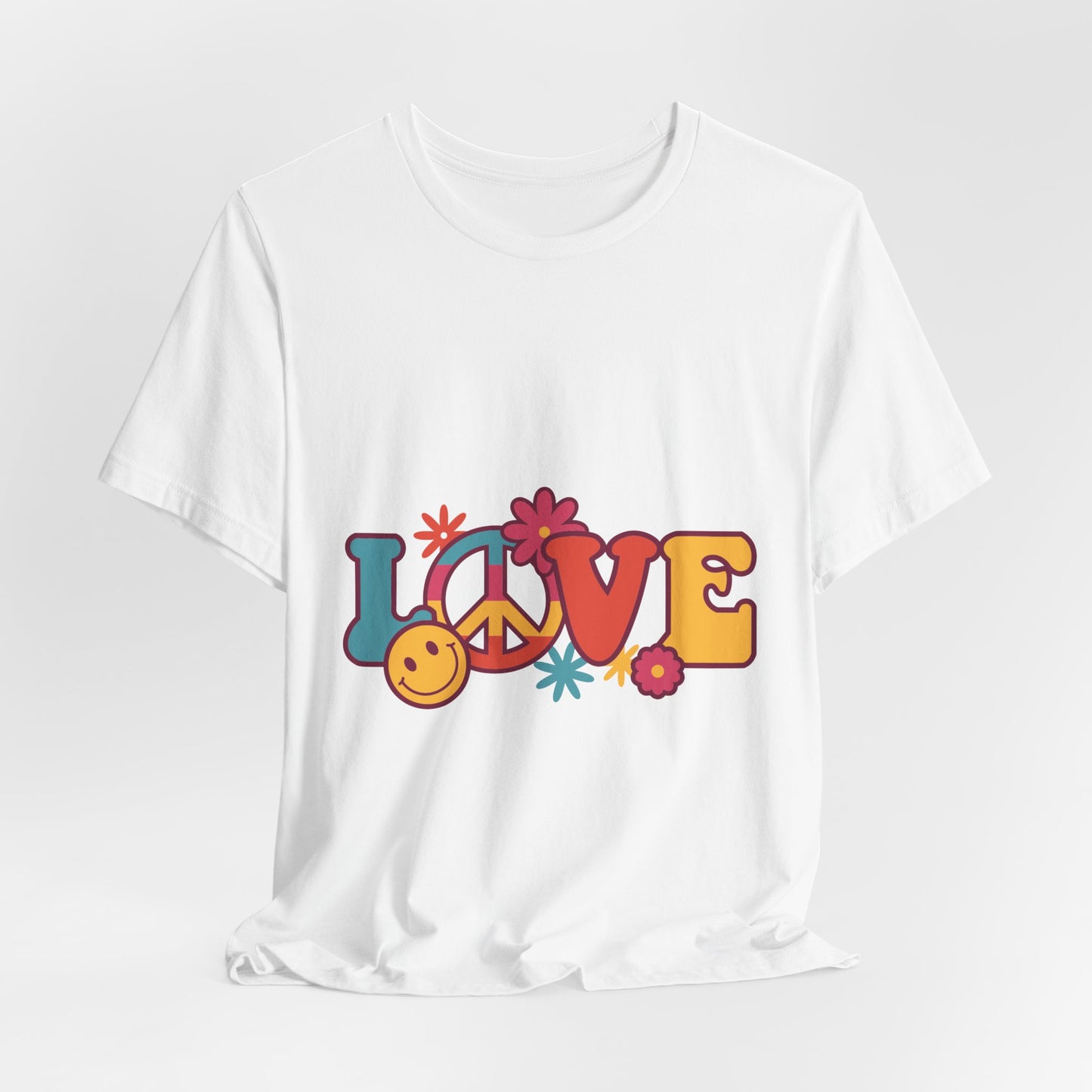 Love Retro Floral Tee — Peace Sign & Smiley Graphic T-Shirt