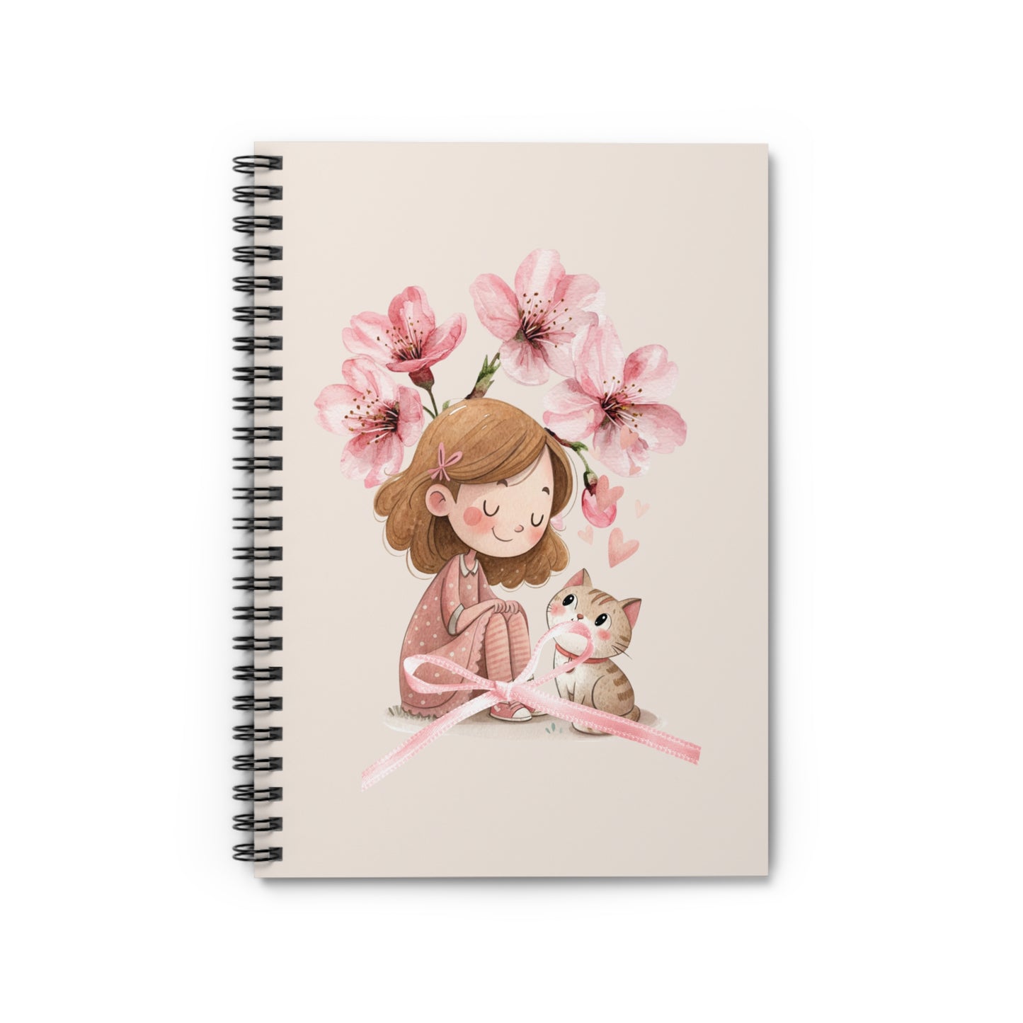 Cute Girl and Kitten Spiral Notebook — Floral Cherry Blossom Ruled Journal for Kids & Teens