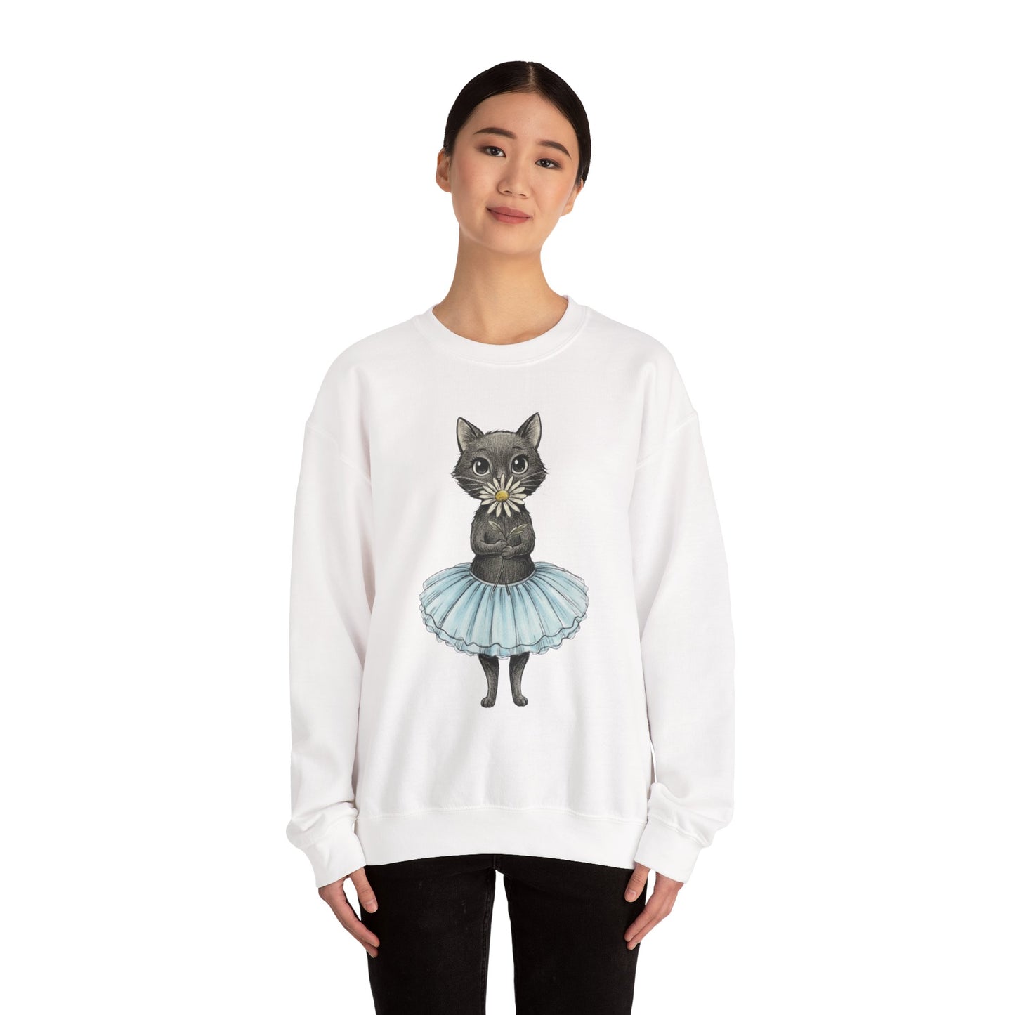 Ballerina Cat Holding A Daisy Unisex Heavy Blend™ Crewneck Sweatshirt