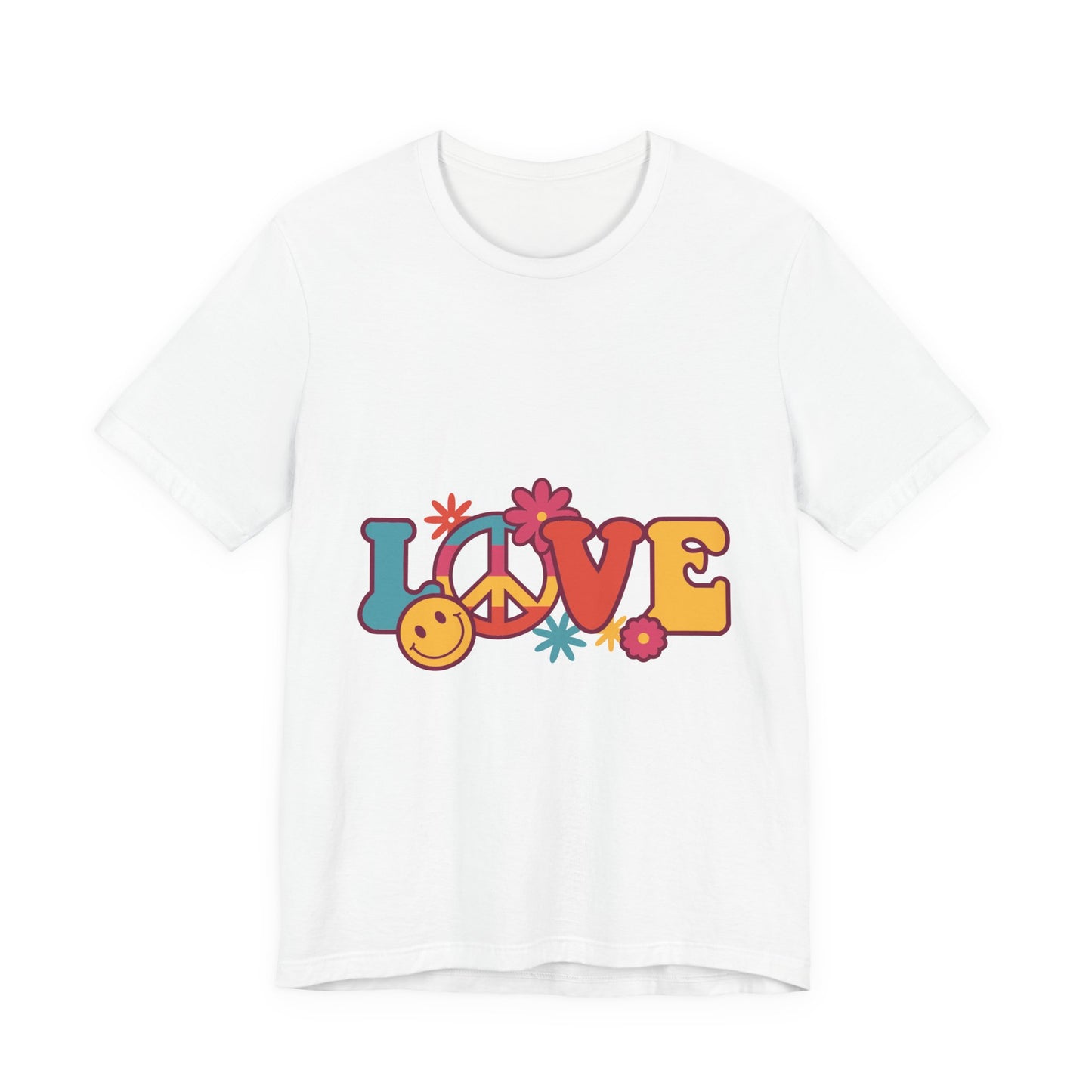 Love Retro Floral Tee — Peace Sign & Smiley Graphic T-Shirt