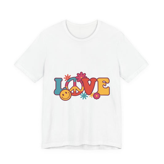 Love Retro Floral Tee — Peace Sign & Smiley Graphic T-Shirt