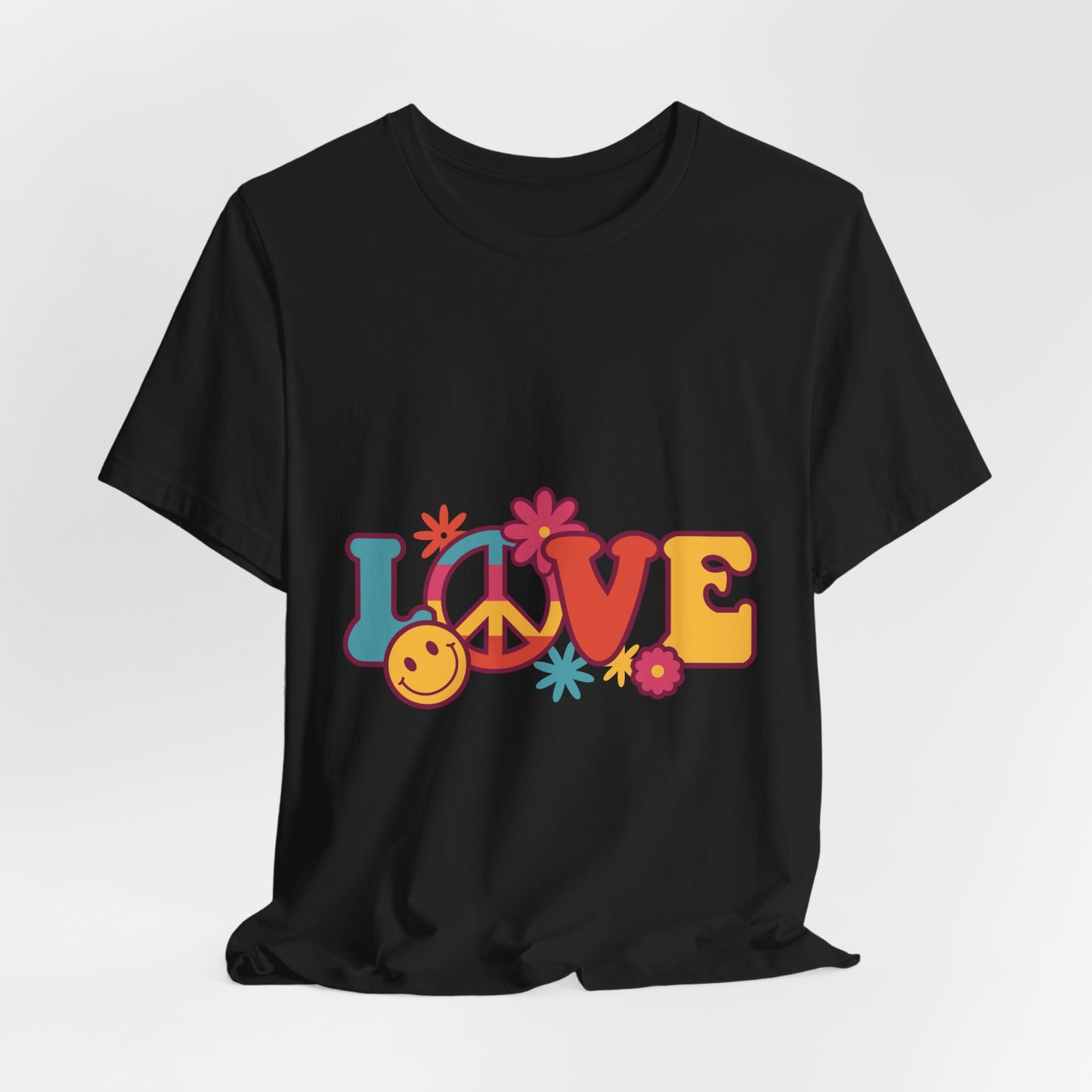 Love Retro Floral Tee — Peace Sign & Smiley Graphic T-Shirt