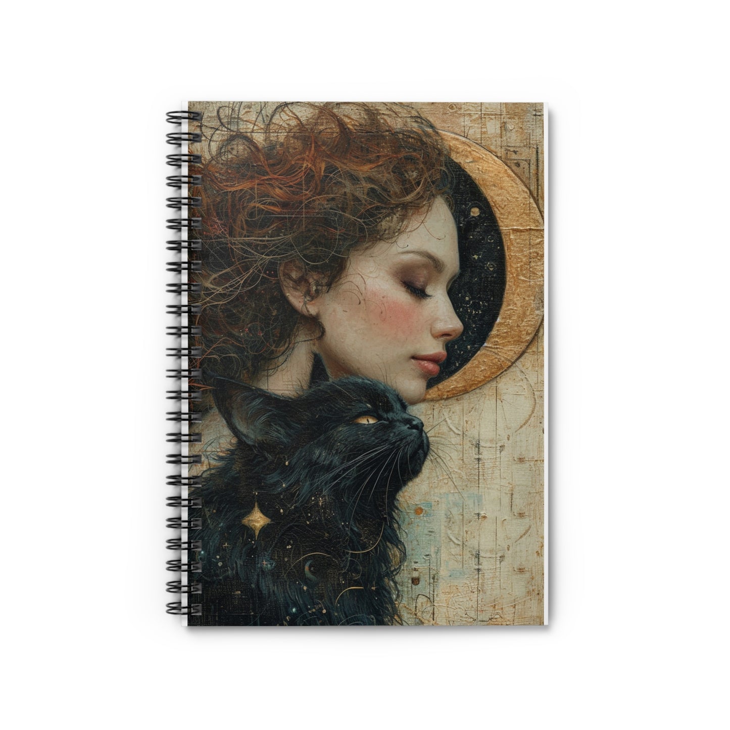 Celestial Muse Notebook — Girl & Black Cat Spiral Journal (Ruled)