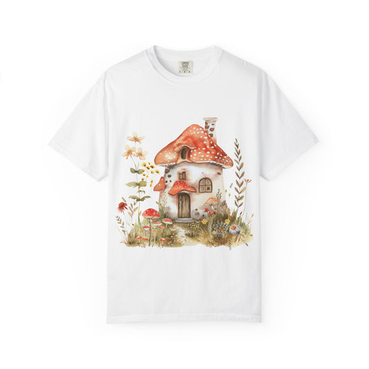 Mushroom Cottage T-Shirt — Whimsical Fairy Garden Graphic Tee