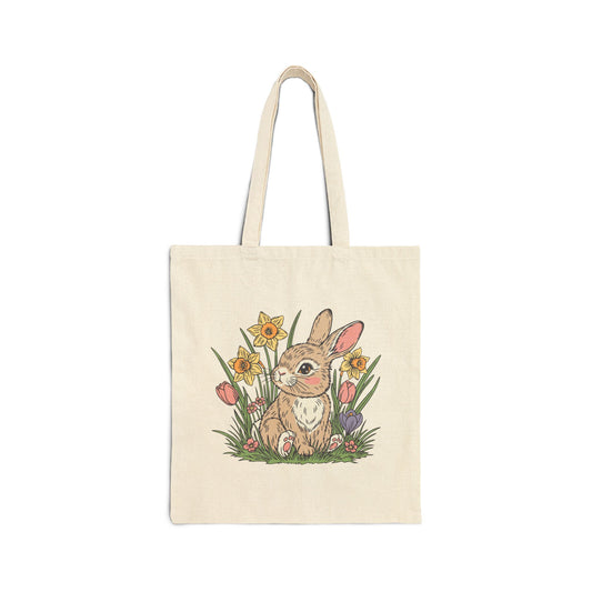 Spring Bunny Tote Bag — Cute Rabbit & Flowers Canvas Tote