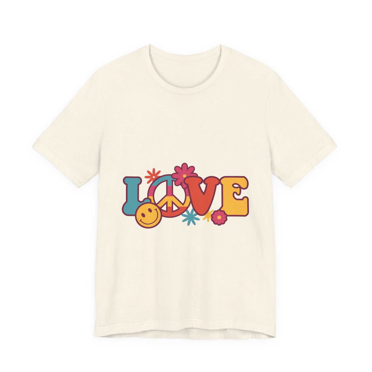 Love Retro Floral Tee — Peace Sign & Smiley Graphic T-Shirt