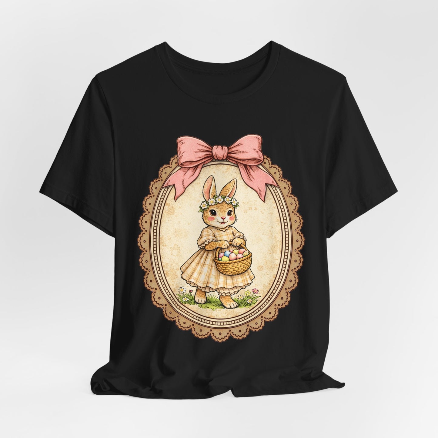 Easter Bunny Vintage Frame Tee — Cute Bunny with Basket Graphic