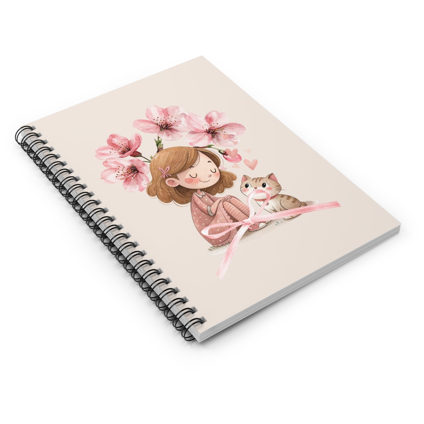 Cute Girl and Kitten Spiral Notebook — Floral Cherry Blossom Ruled Journal for Kids & Teens
