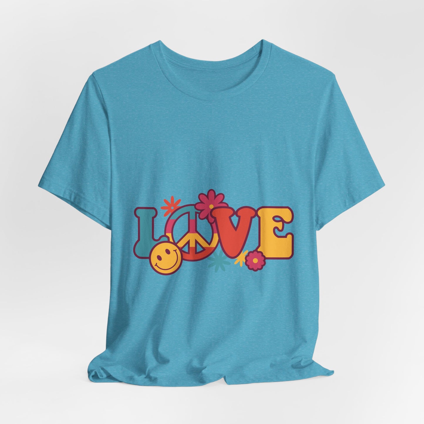 Love Retro Floral Tee — Peace Sign & Smiley Graphic T-Shirt