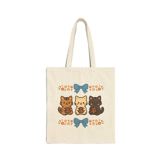 Cute Trio Cats Cotton Canvas Tote Bag — Floral Bow Cat Lovers Market Bag