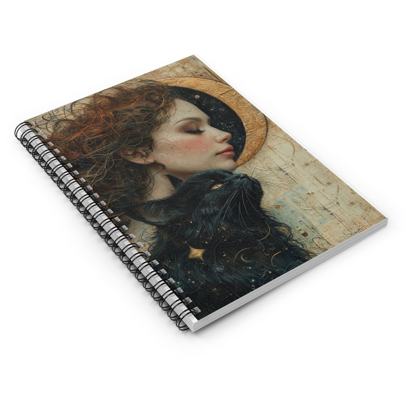 Celestial Muse Notebook — Girl & Black Cat Spiral Journal (Ruled)