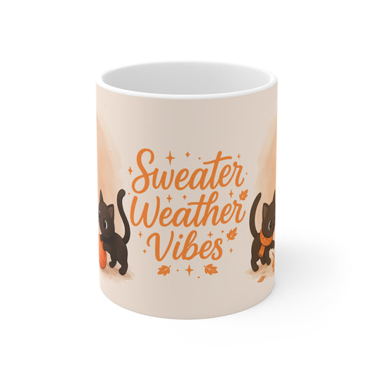 Sweater Weather Vibes 11oz Mug Cozy Knitting Ghost Holding Coffee Black Cats Yarn Coffee Lover Gift For Friend