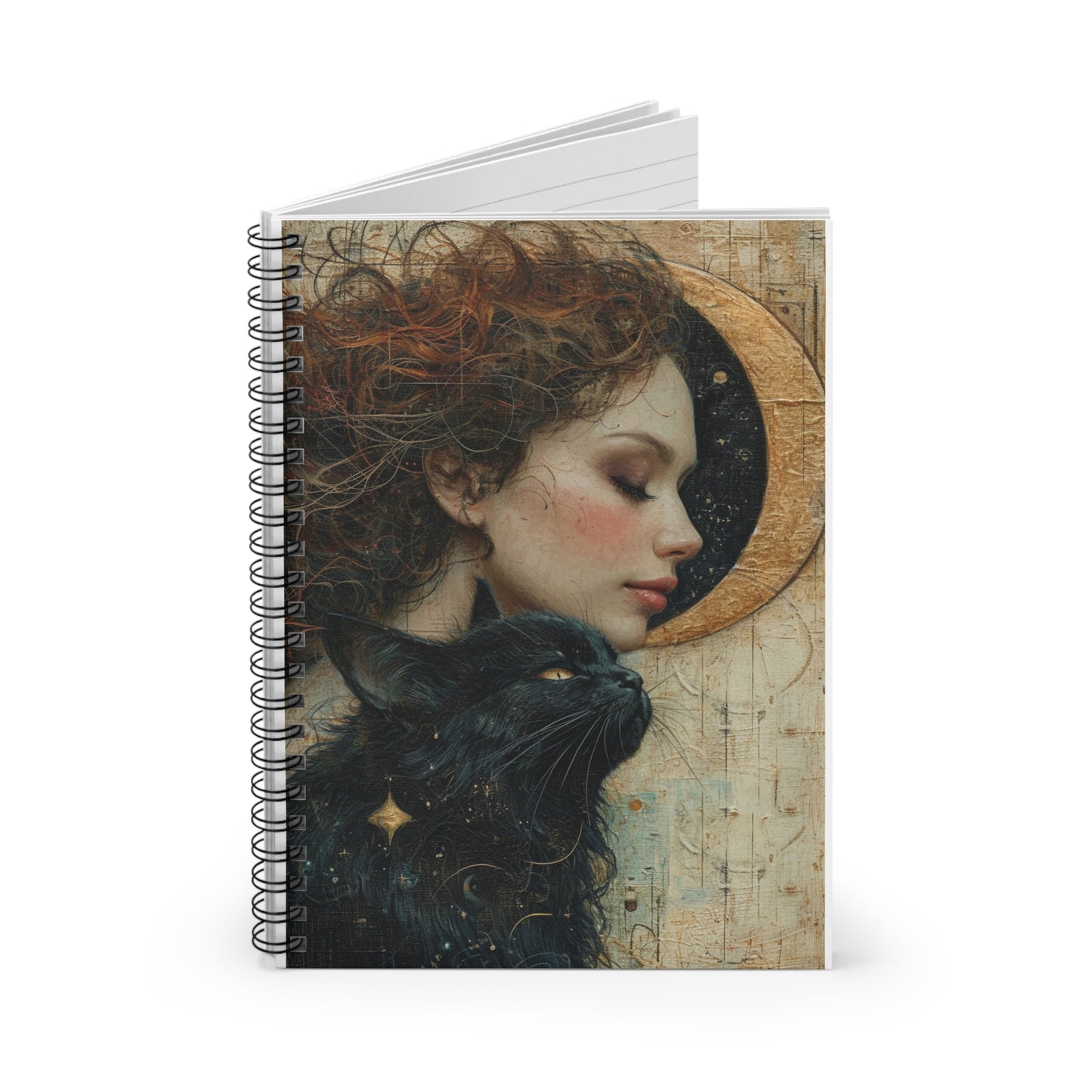 Celestial Muse Notebook — Girl & Black Cat Spiral Journal (Ruled)