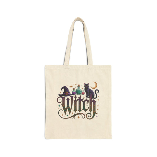 Witch Tote Bag — Cute Halloween Canvas Shopper with Black Cat & Cauldron