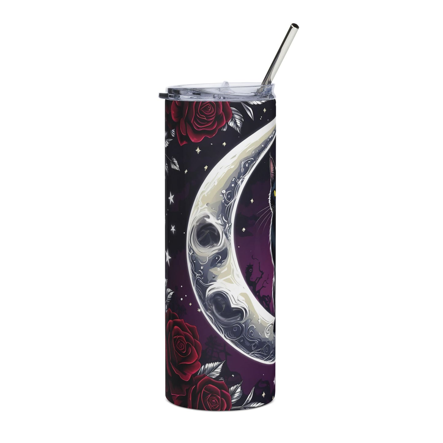 20oz Black Cat Moon Tumbler — Stainless Steel Travel Cup with Crescent Moon & Roses
